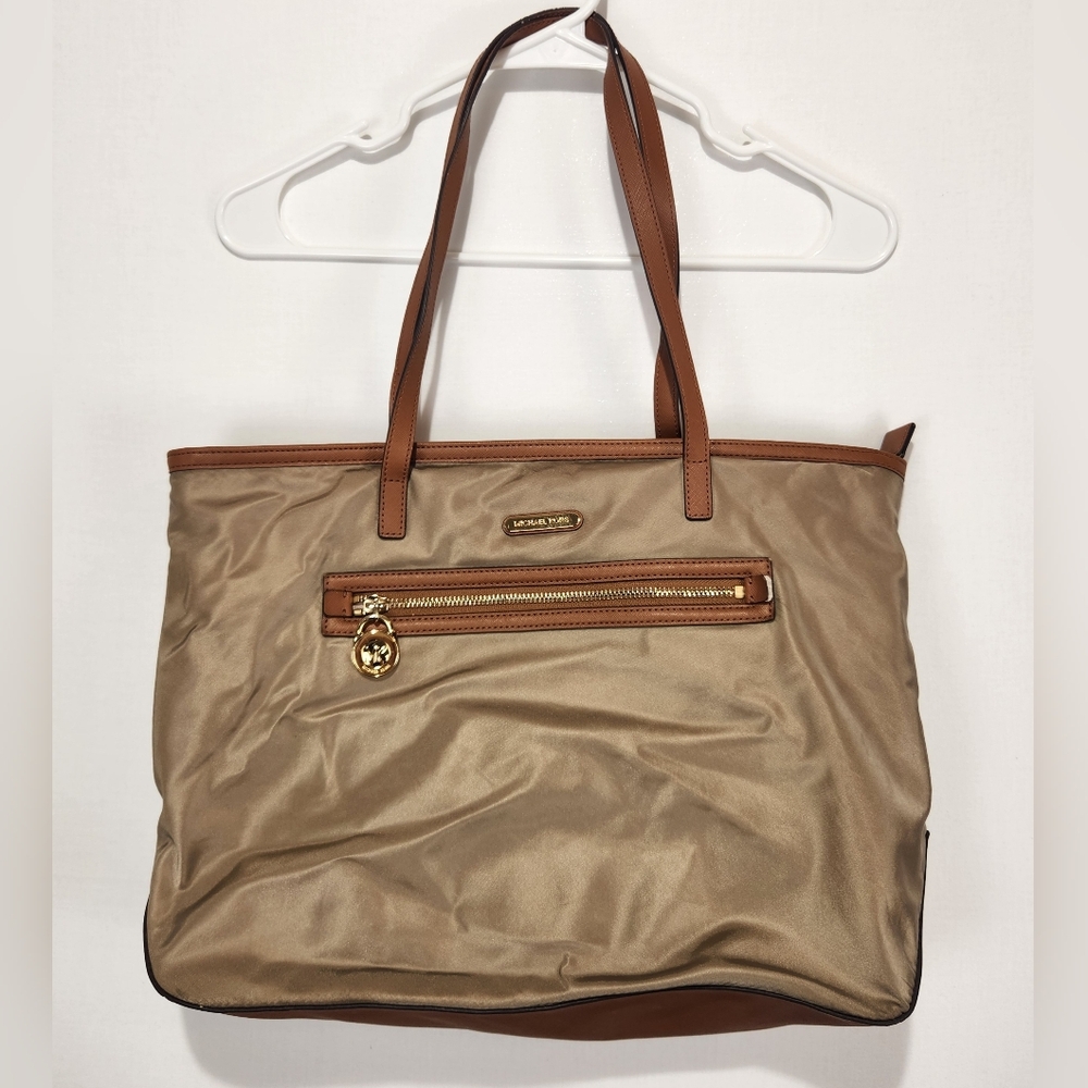 Michael Kord Elegant Tan Nylon Tote Shoulder Bag With Gold Hardware